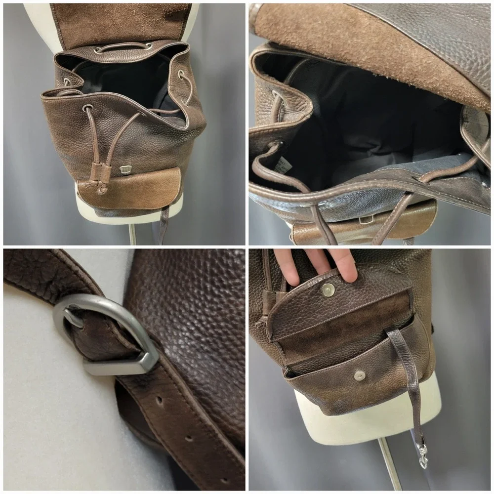 Vintage 90s y2k‎ Backpack Brown Pebbled Genuine Leather Drawstring OS